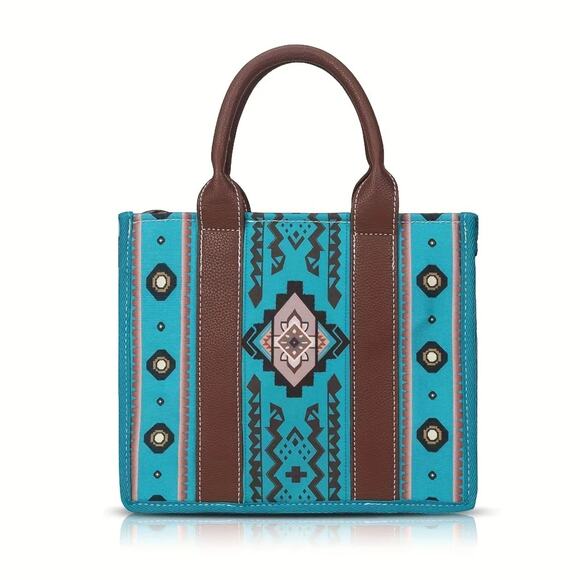Bohemian Canvas Tote Bag Turquoise Aztec Print Set with Wristlet NWT Ethnic - Picture 2 of 8